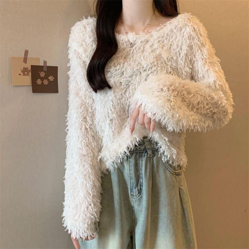 Long-Sleeve Round Neck Plain Fluffy Knit Top Product Image