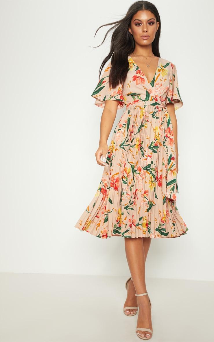 Pink Pleated Floral Midi Dress Product Image