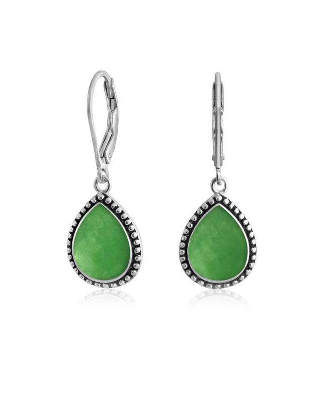 Bling Jewelry Green Dyed Natural Jade Pear Shaped Teardrop Lever Back Dangle Drop Earrings For Women Oxidized Sterling Silver Product Image