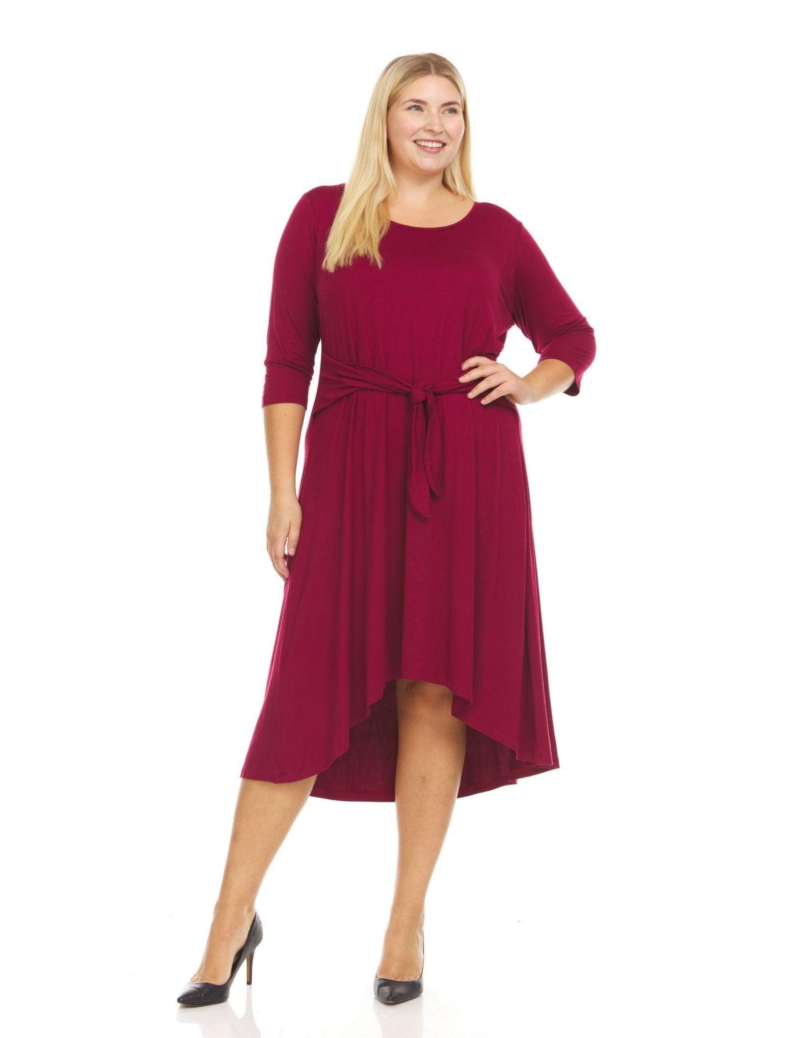 Three-quarter sleeves solid colors scoop neck midi dress with self tie belt- plus Product Image