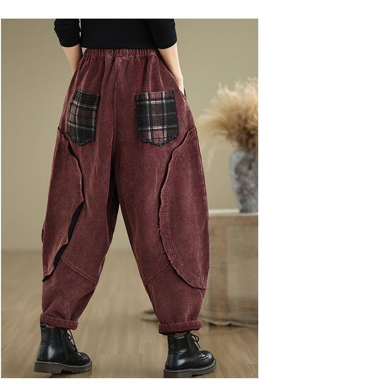 Drawstring Waist Plaid Panel Corduroy Cropped Baggy Pants Product Image