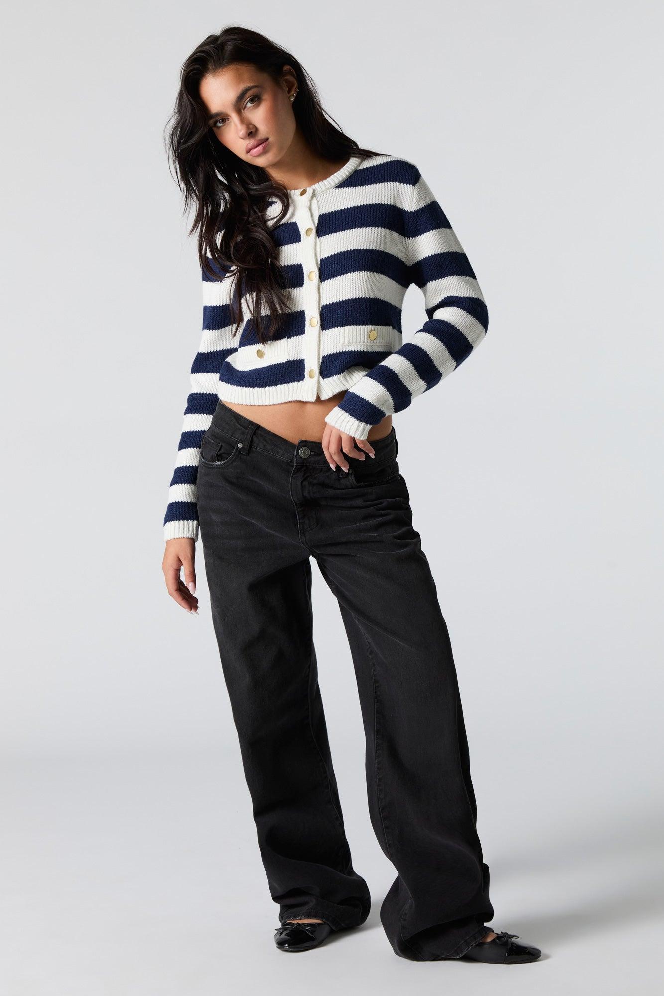 Striped Ribbed Knit Snap Button Cardigan Female Product Image