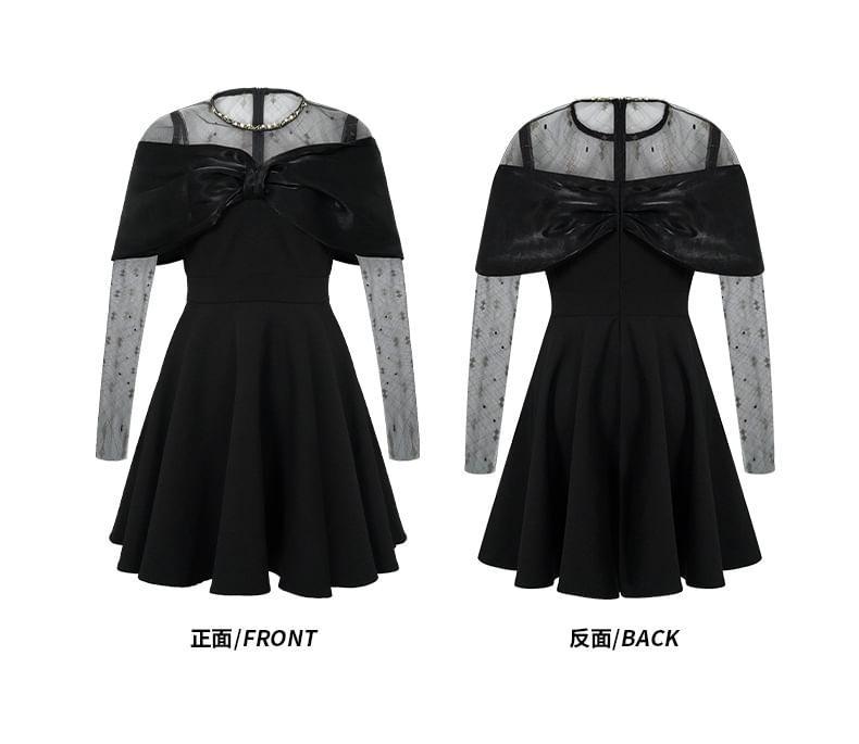 Long-Sleeve Round Neck Mesh Panel Mini A-Line Dress Product Image