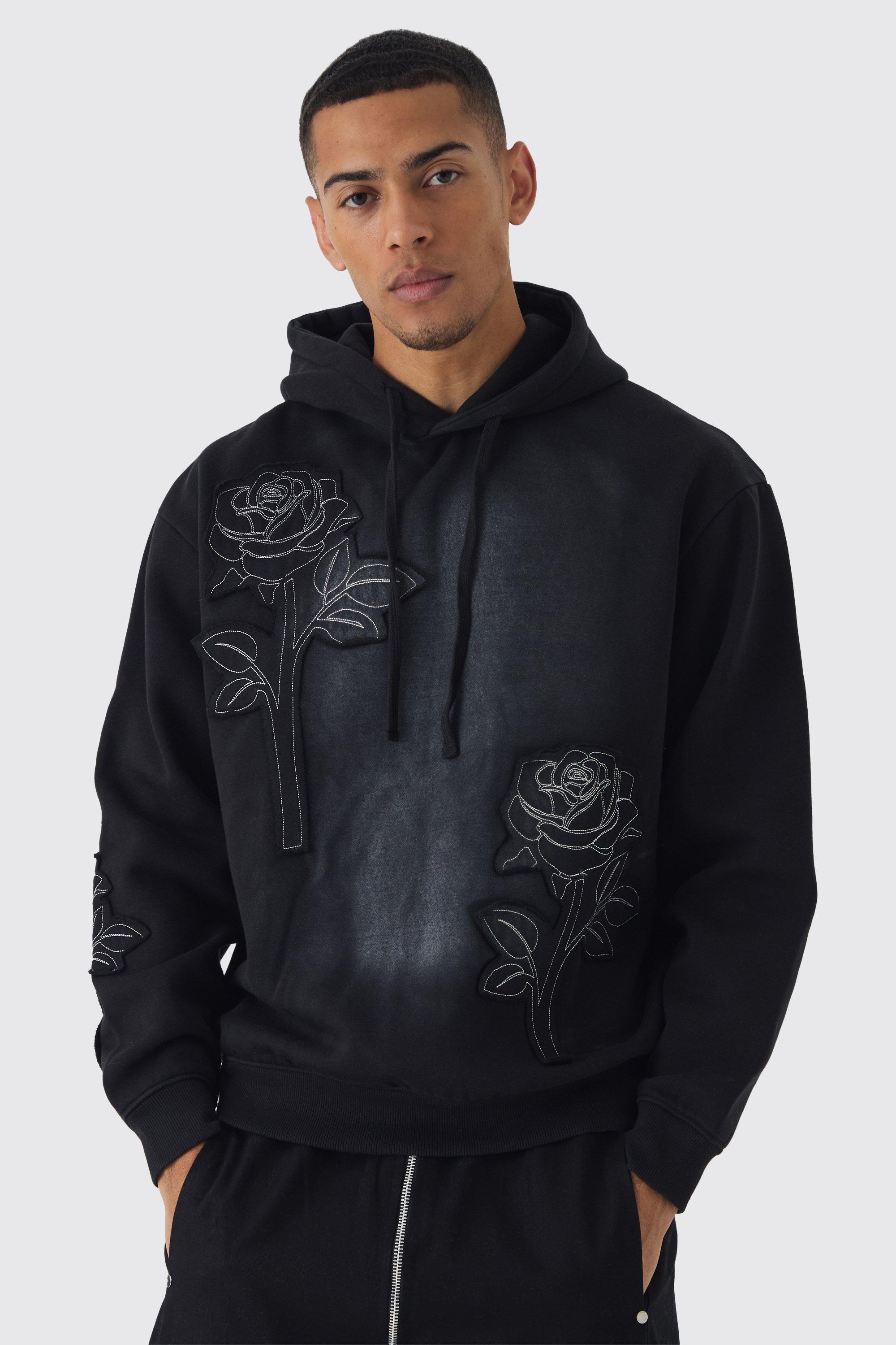 Oversized Spray Wash Rose Applique Hoodie | boohooMAN USA product image