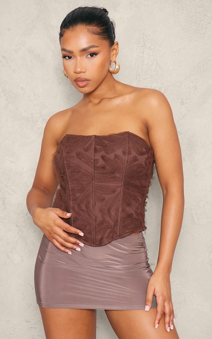 Brown Floral Tulle Boned Corset Product Image