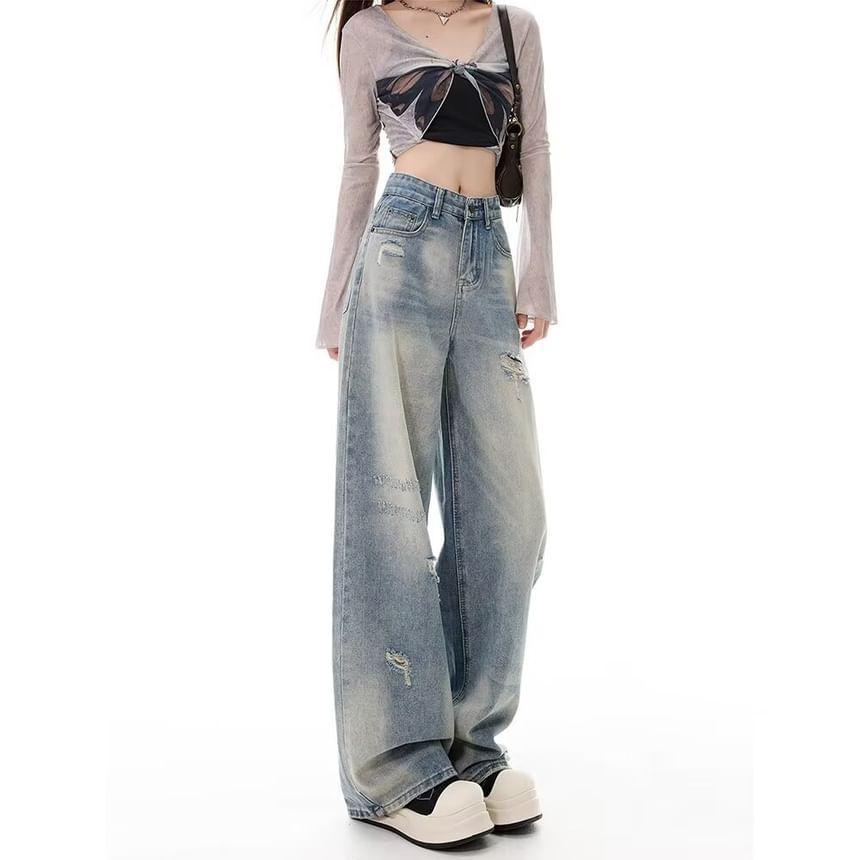 High Waist Distressed Washed Wide Leg Jeans Product Image