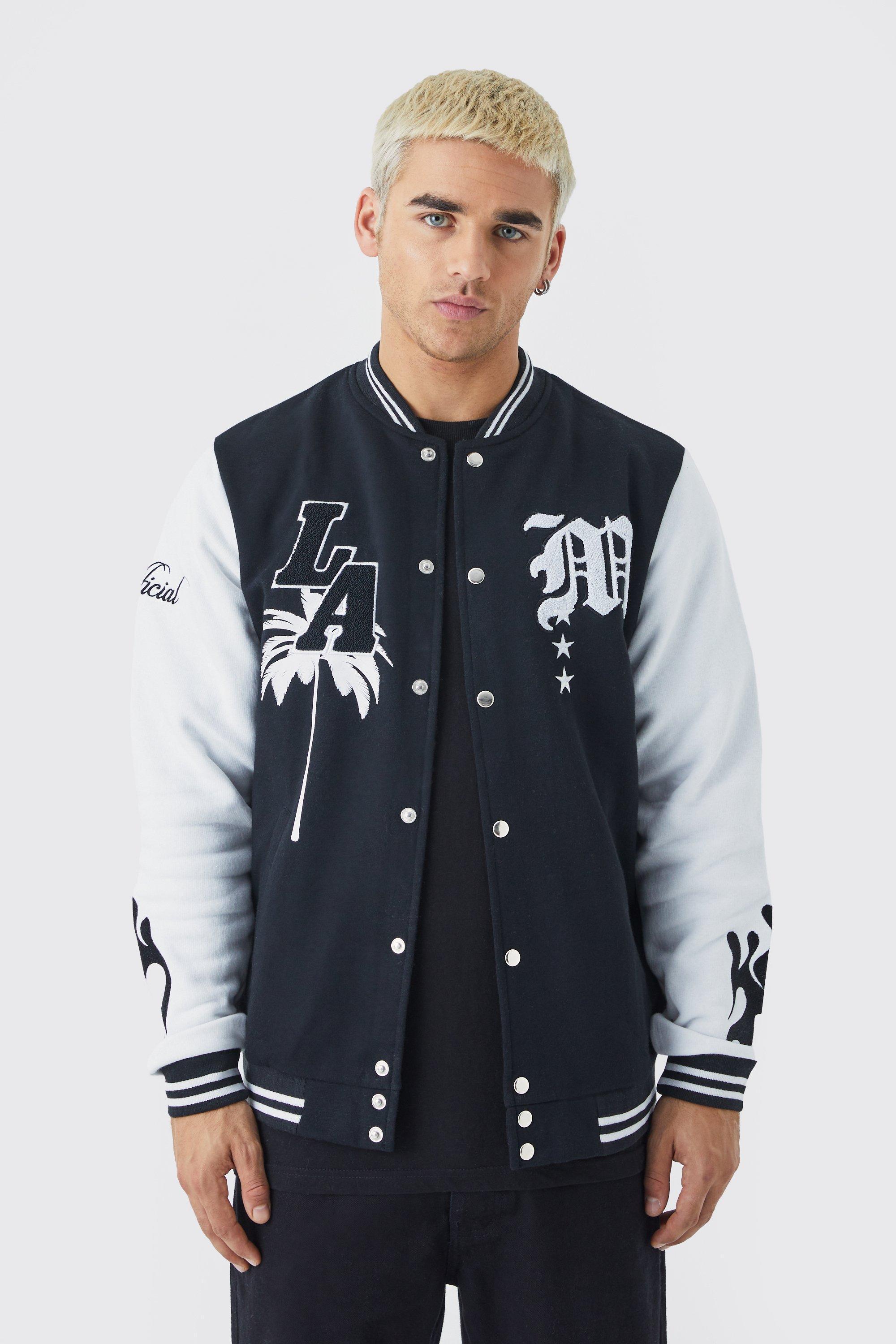 La Badge Jersey Varsity Bomber Jacket | boohooMAN USA Product Image