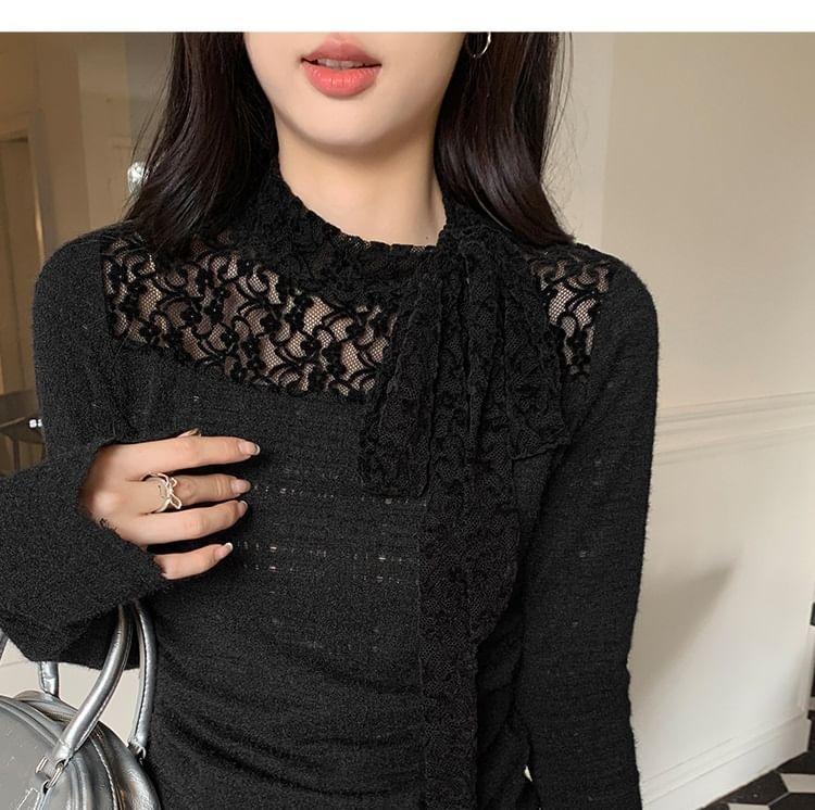 Long-Sleeve Stand Collar Lace Panel Bow Ruched Slim Fit Top Product Image