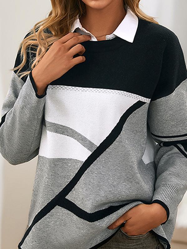 Long Sleeves Loose Contrast Color Printed Round-Neck Pullovers Sweater Tops Product Image