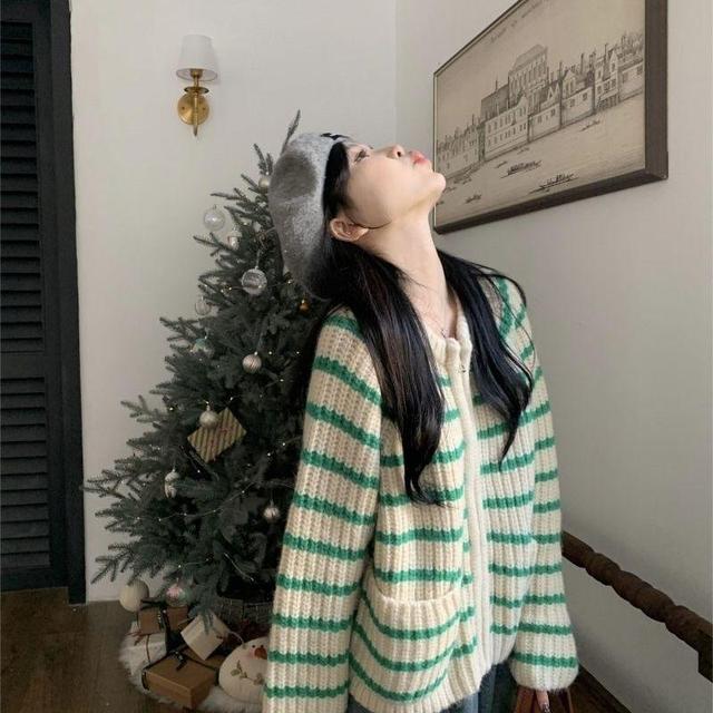 Round Neck Striped Zip Cardigan Product Image