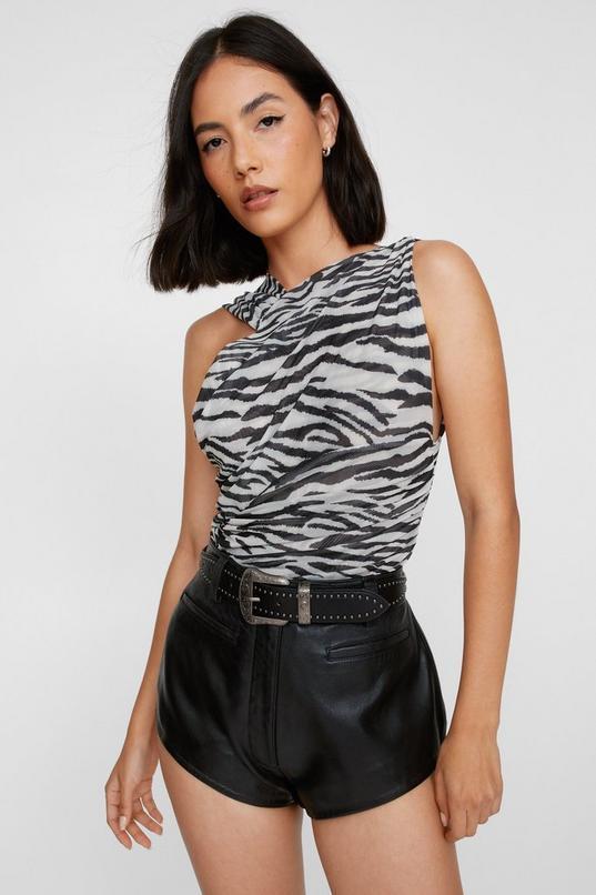 Asymmetric Draped Tulle Animal Print Bodysuit Product Image