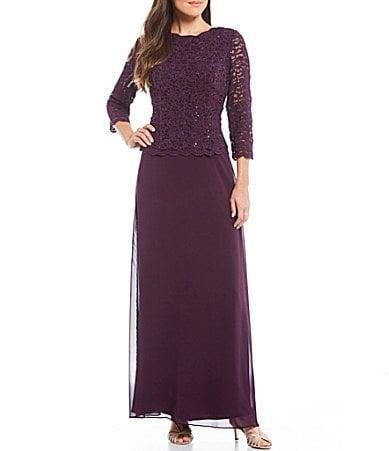 Alex Evenings 34 Sleeve Sequined Lace Crew Neck Scalloped Bodice Chiffon Skirted Gown Product Image