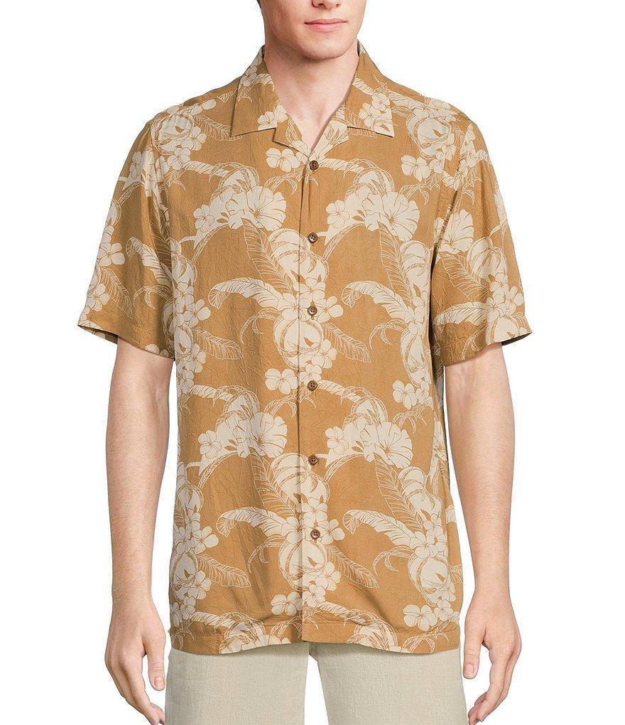 Caribbean Tan Crushed Rayon Printed Leaves Short Sleeve Woven Camp Shirt Product Image