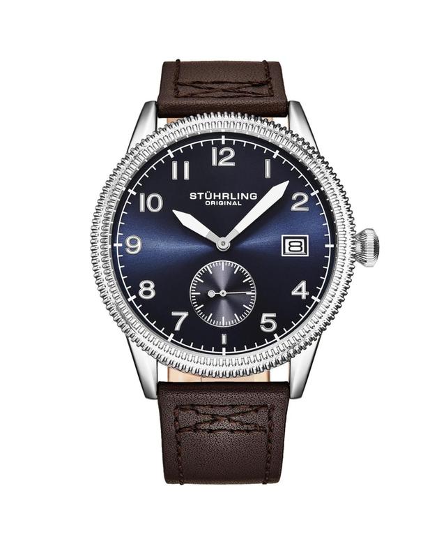 Stuhrling Mens Aviator Brown Leather , Blue Dial , 51mm Round Watch Product Image