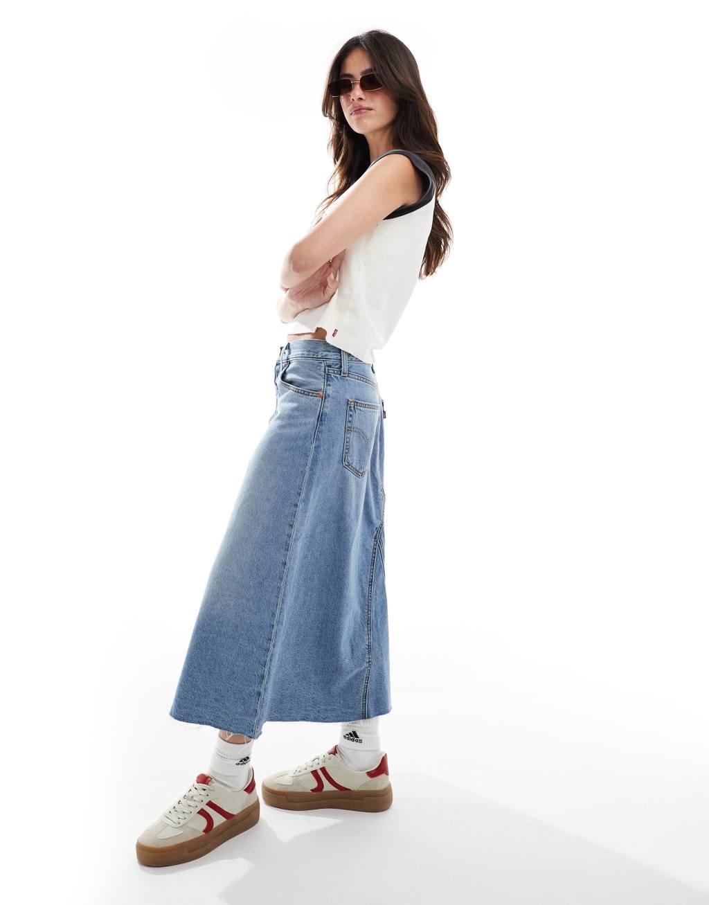 Levi's high rise a-line deconstructed long denim skirt in mid blue Product Image