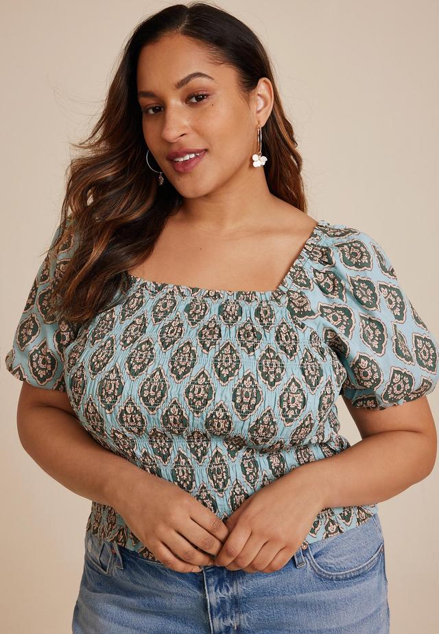 Maurices 1X Plus Size Womens Medallion Smocked Puff Sleeve Blouse Blue Product Image