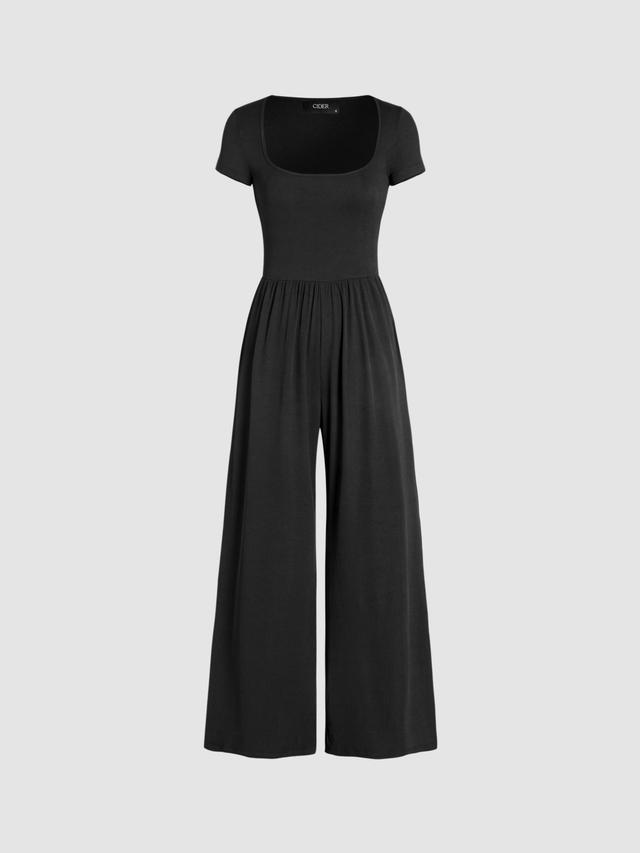 Scoop Neckline Short Sleeve Wide Leg Jumpsuit Product Image