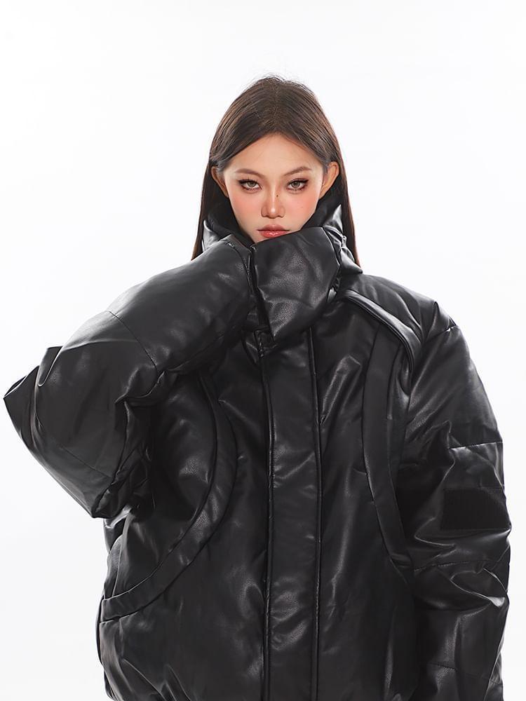 Stand Collar Plain Panel Faux Leather Zip Puffer Jacket Product Image