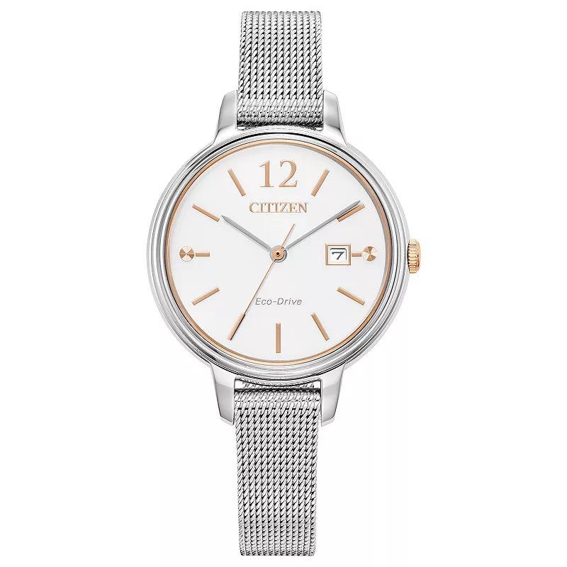 Citizen Eco-Drive Womens Stainless Rose Gold Tone Accent Dial Mesh Bracelet Watch - EW2441-77A Silver Product Image