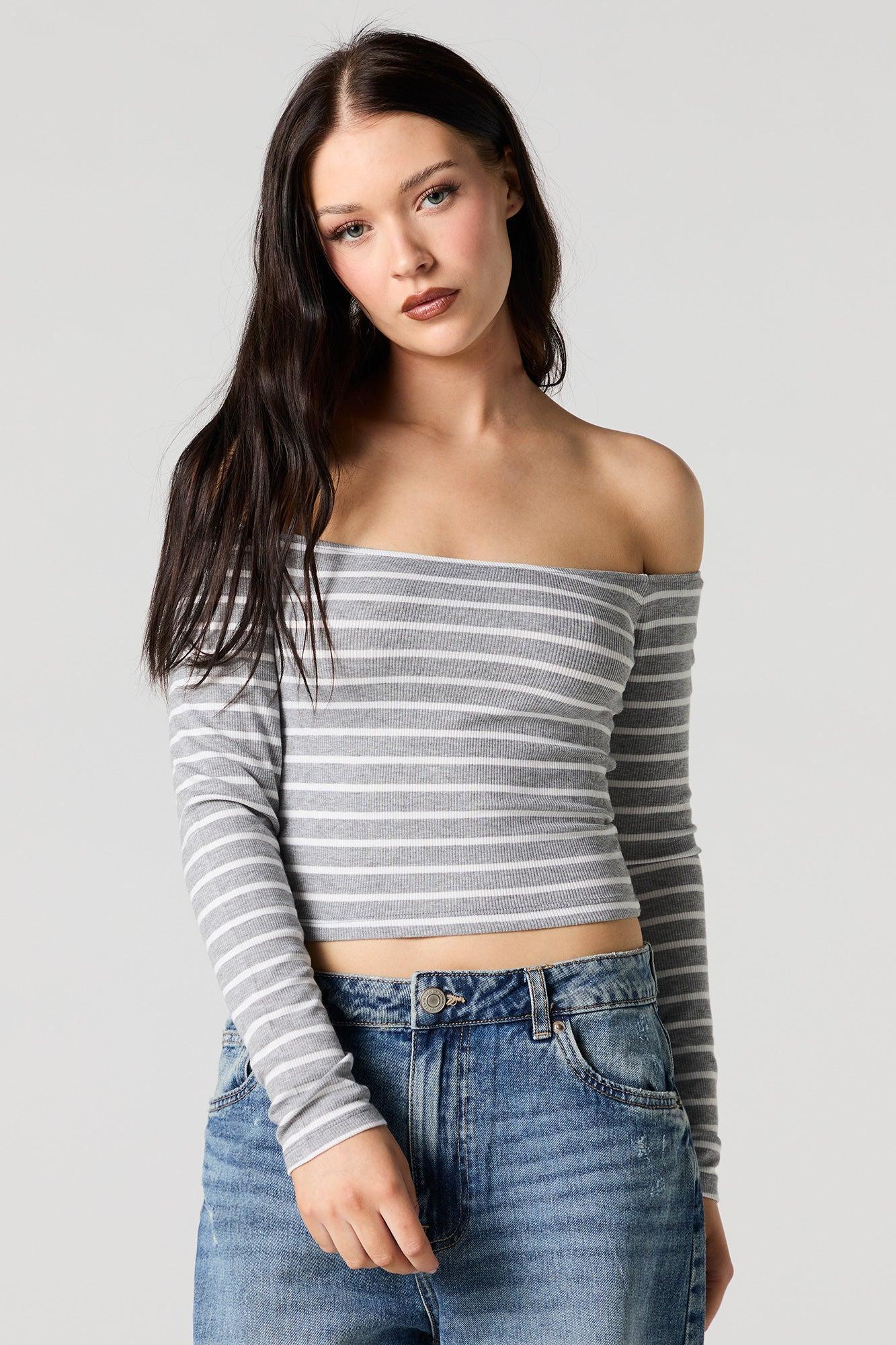 Striped Ribbed Off Shoulder Long Sleeve Top Female Product Image