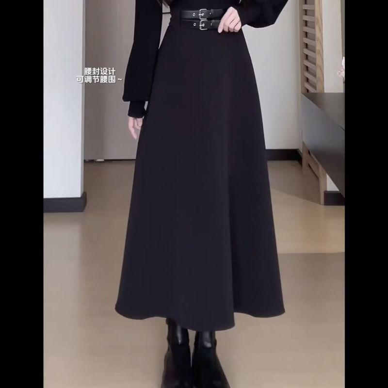 Long-Sleeve Mock Neck Plain Buckled Midi A-Line Dress Product Image