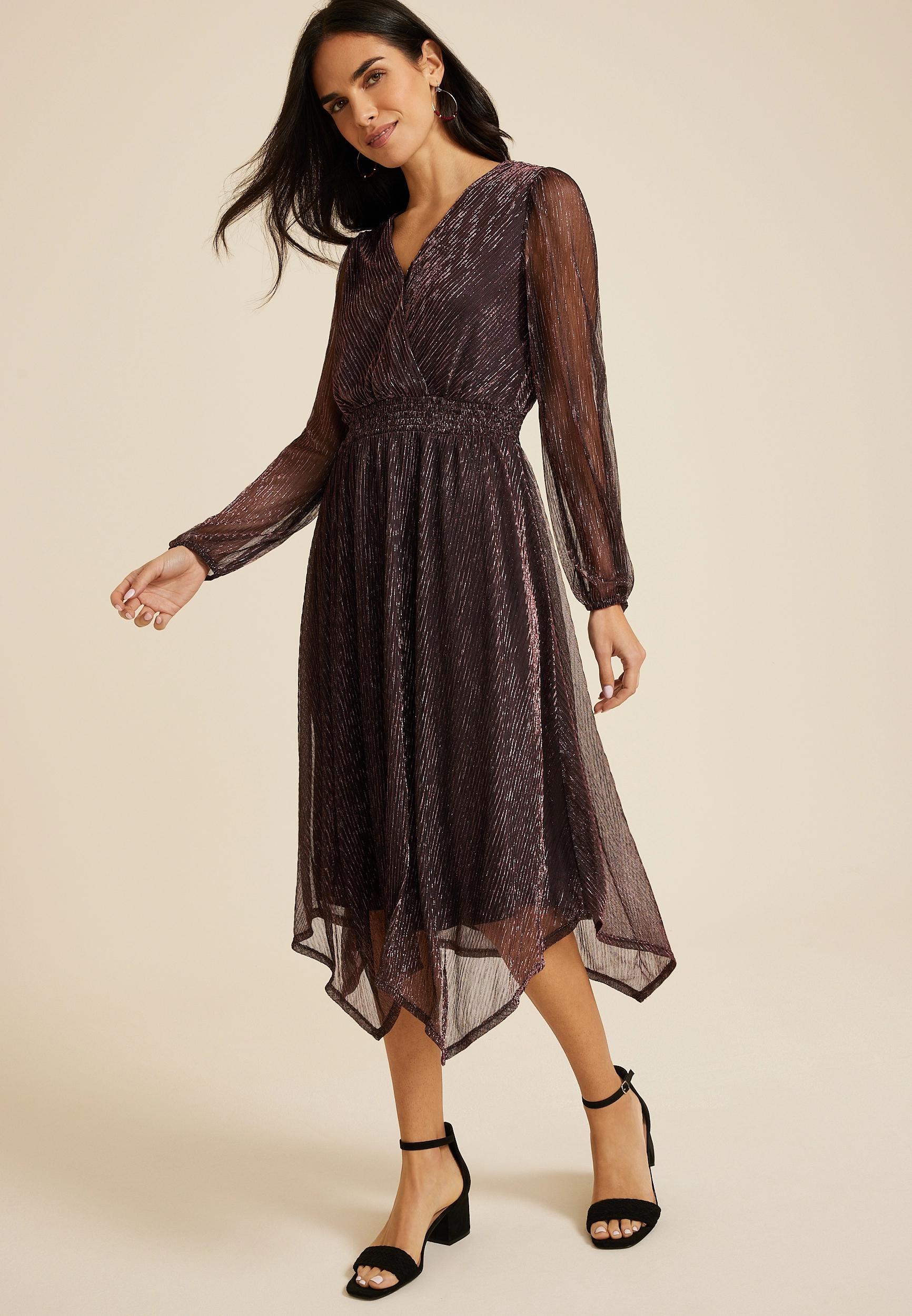 Metallic Plisse Long Sleeve Midi Dress Product Image