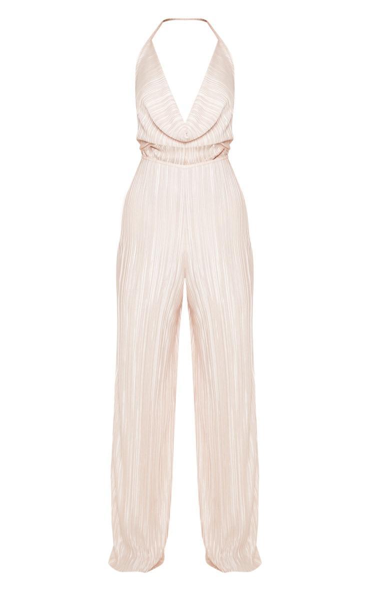 Champagne Pleated Cowl Neck Cut Out Detail Jumpsuit Product Image