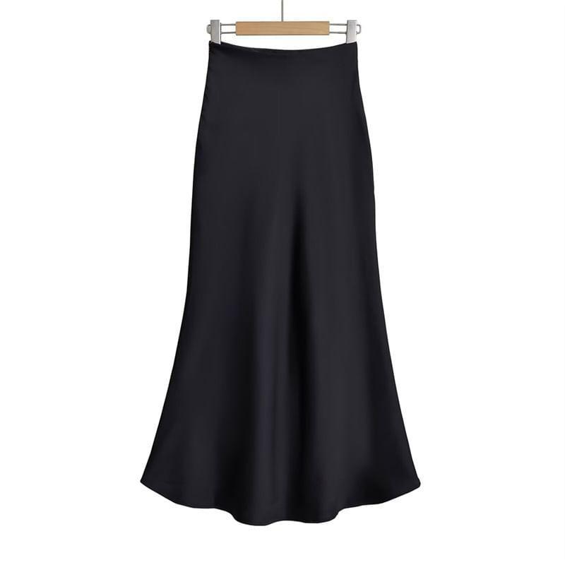 Mid Waist Plain Satin Maxi Fishtail Skirt Product Image