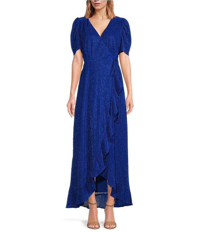 Sugarlips Plisse Shimmer V-Neck Short Sleeve Wrap Midi Dress Product Image