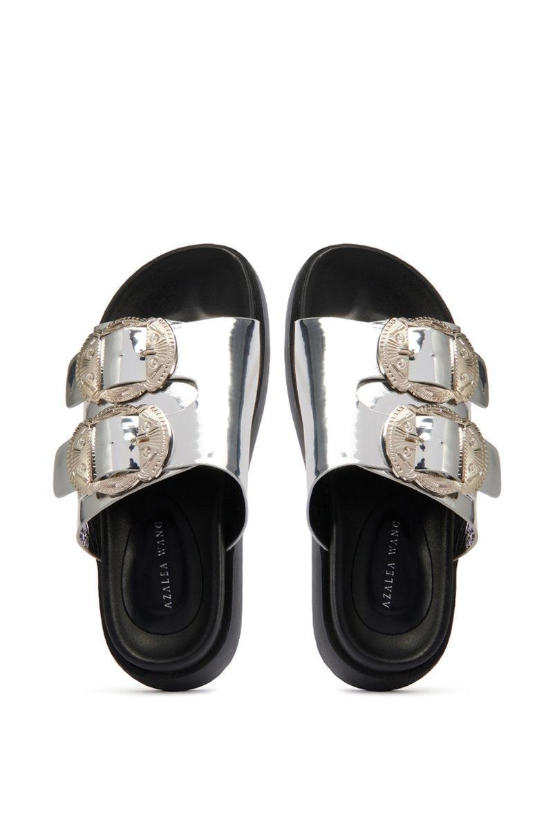 AZALEA WANG CHANTAYE SILVER SANDAL WITH BUCKLE DETAIL Product Image