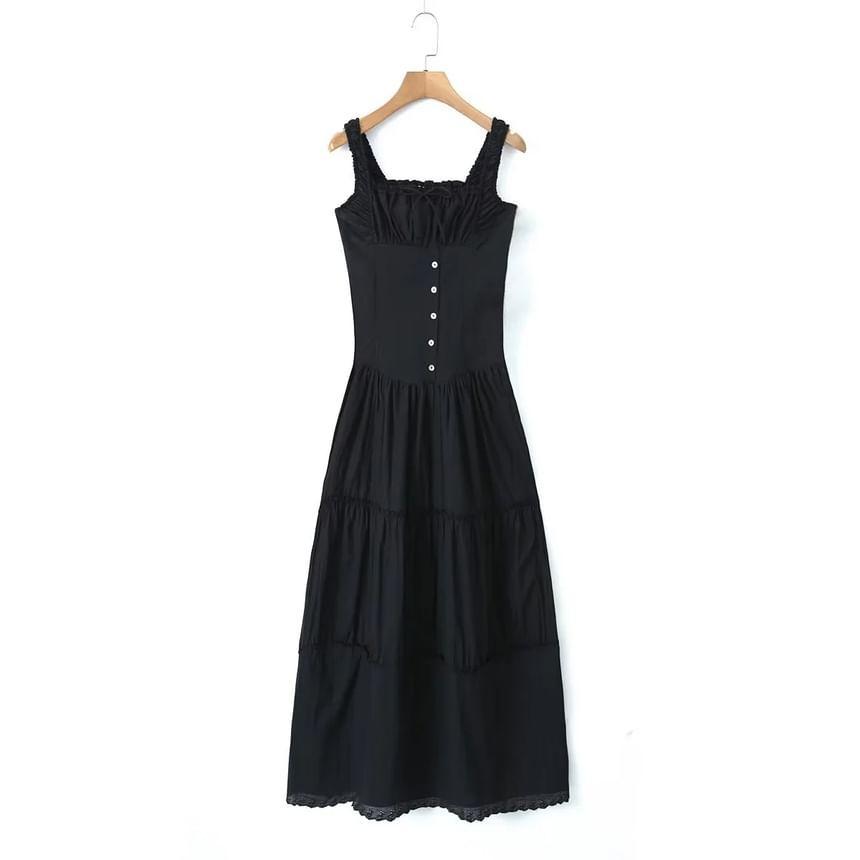 Sleeveless Square Neck Plain Lace Trim Midi Sundress Product Image