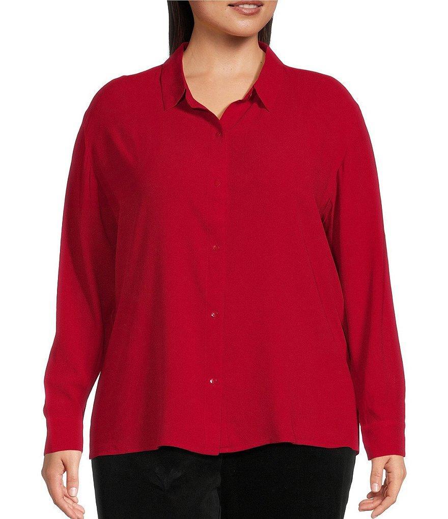 Eileen Fisher Plus Size Silk Georgette Crepe Point Collar Long Sleeve Button Front Classic Shirt Product Image