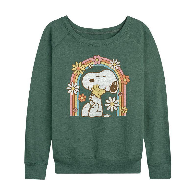 Womens Peanuts Snoopy and Woodstock Flower Rainbow Slouchy Graphic Sweatshirt, Girls Grey Green Product Image