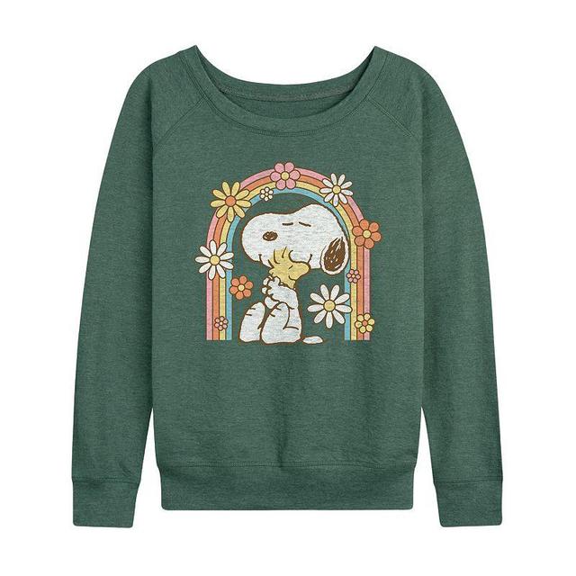 Womens Peanuts Snoopy and Woodstock Flower Rainbow Slouchy Graphic Sweatshirt Green Product Image