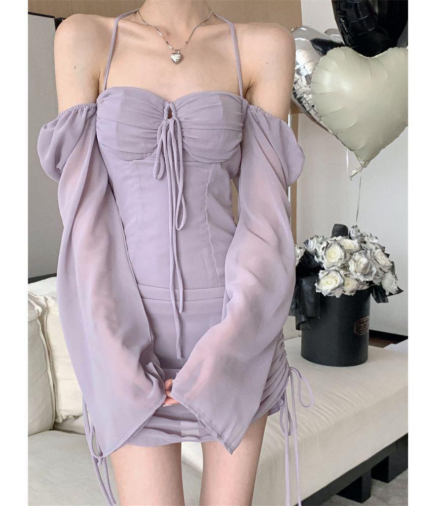 Long-Sleeve Halter-Neck Plain Mini Bodycon Dress Product Image