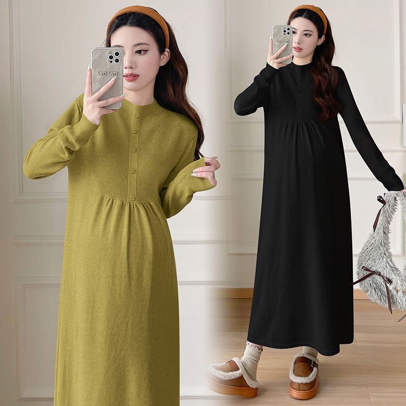 Maternity Mock Neck Plain Button Accent Ruched Midi Sweater Dress Product Image