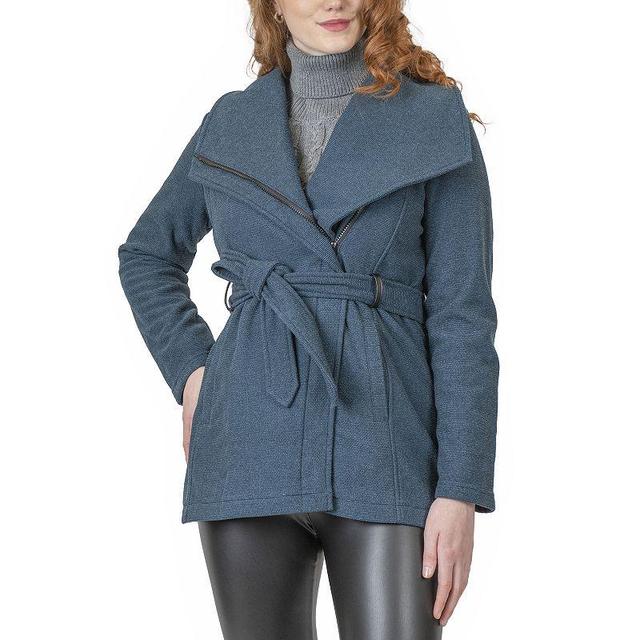 Juniors Coffee Shop Belted Knit Wrap Jacket, Womens Blue Product Image