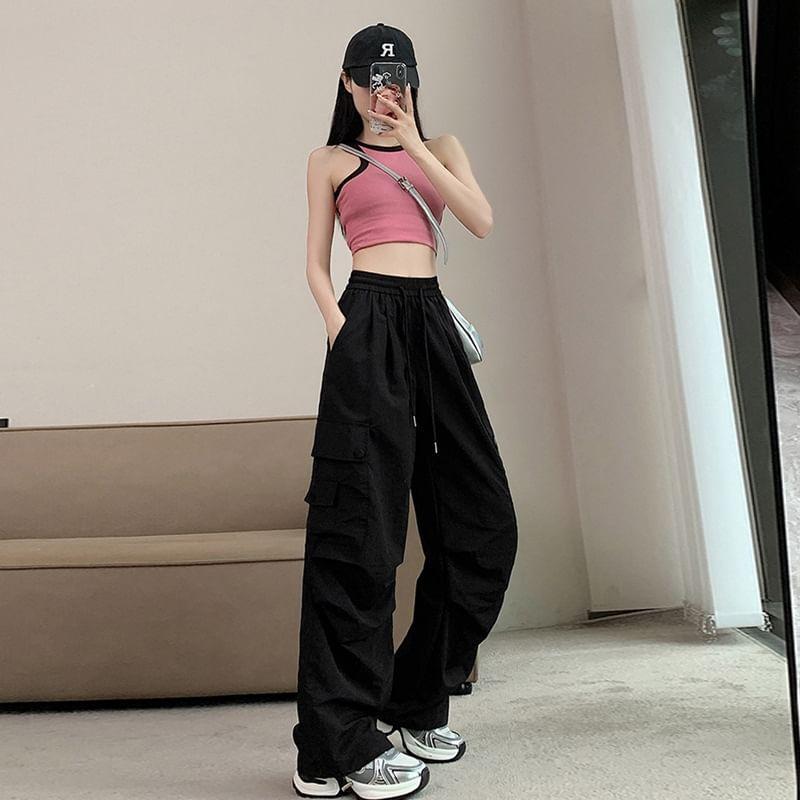 High Rise Plain Drawstring Wide Leg Cargo Pants product image