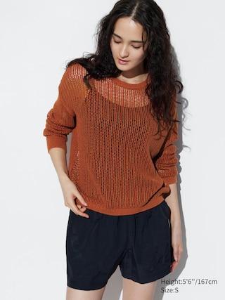 Womens Mesh Crew Neck Long-Sleeve Sweater Orange 2XS UNIQLO US product image