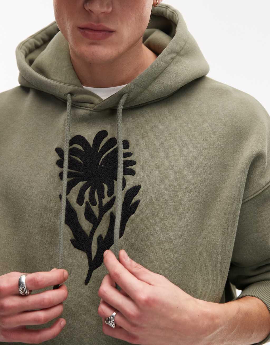 Topman oversized fit hoodie with front and back floral block chenille embroidery in washed khaki Product Image