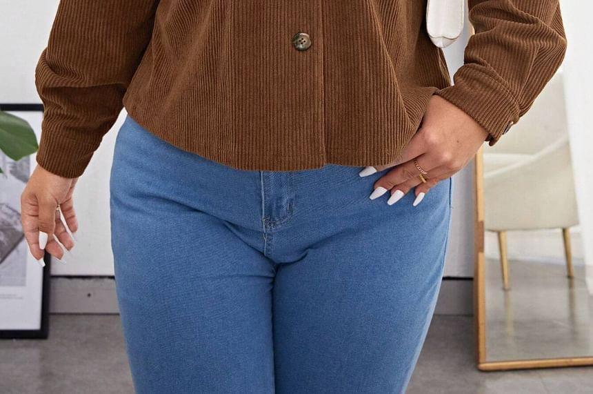 Plus Size Collared Corduroy Button-Up Crop Jacket Product Image