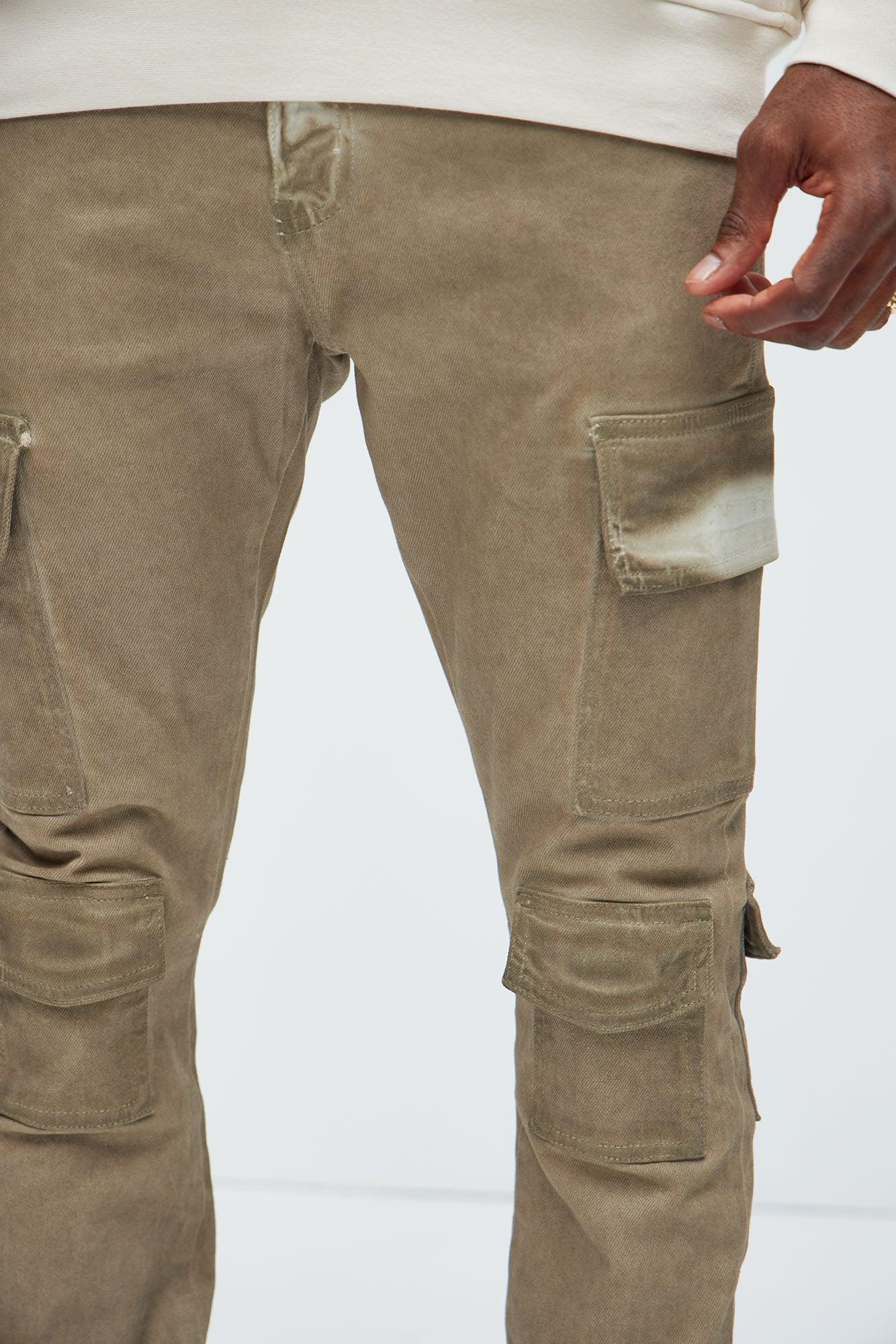 Triple Cargo Stacked Skinny Flare Jeans - Taupe Product Image