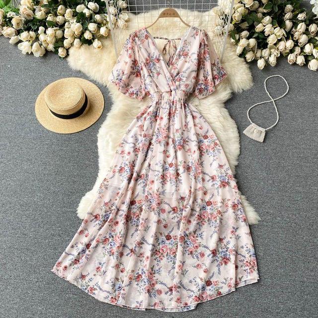 Short-Sleeve V-Neck Floral Midi A-Line Dress Product Image