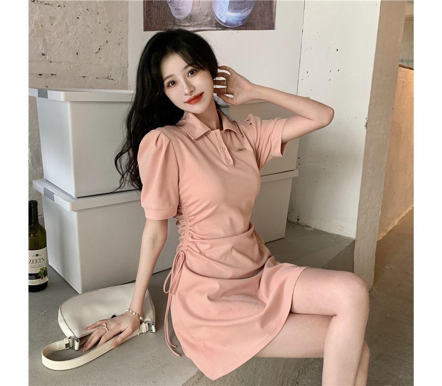 Short-Sleeve Collar Drawstring Mini A-Line Dress Product Image