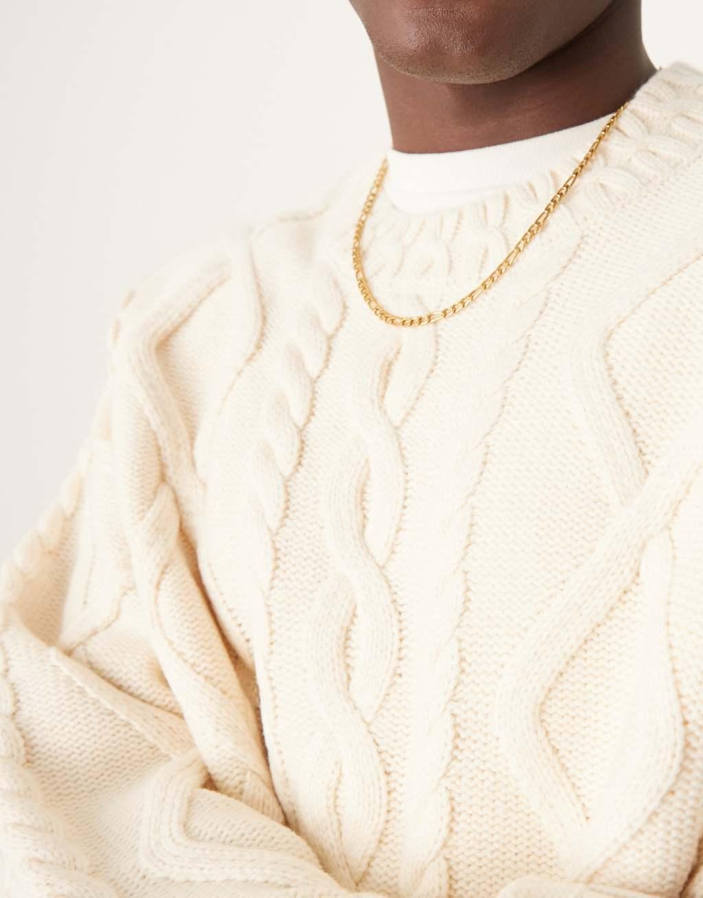 ASOS DESIGN oversized heavyweight wool mix cable sweater with crew neck in oatmeal Product Image