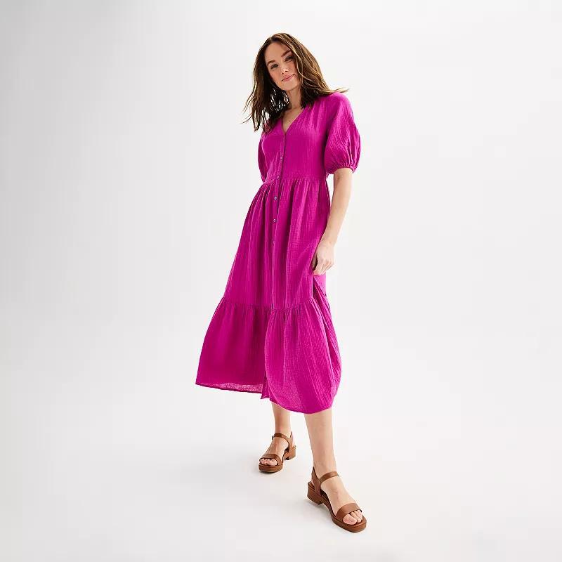 Womens Sonoma Goods For Life Button Thru Femme Midi Dress Med Purple Product Image