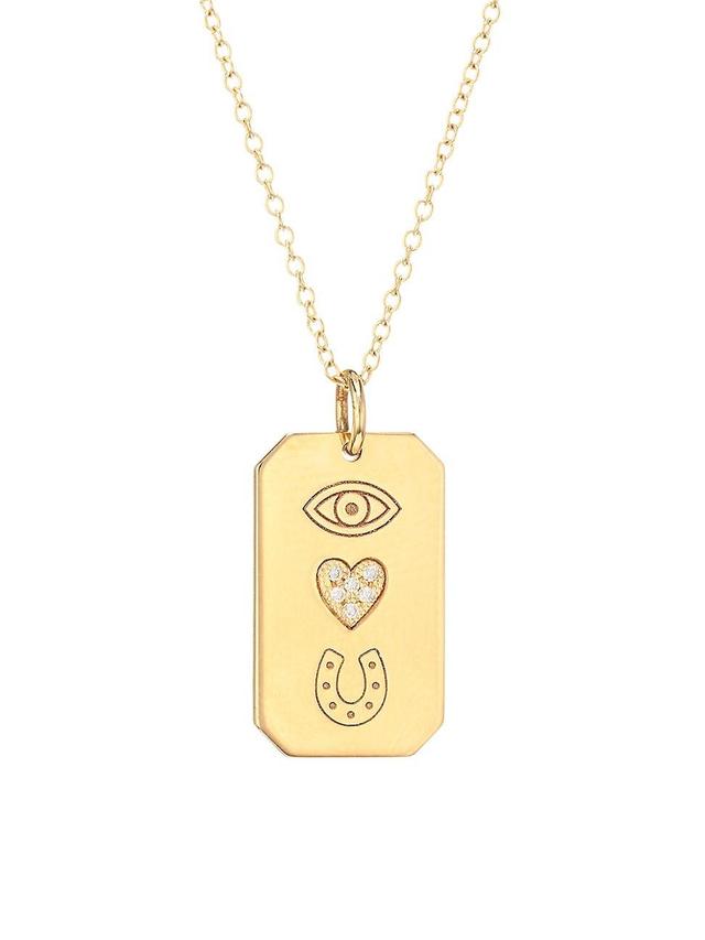 Womens 14K Yellow Gold & Diamond Eye Heart U Dog Tag Pendant Necklace Product Image