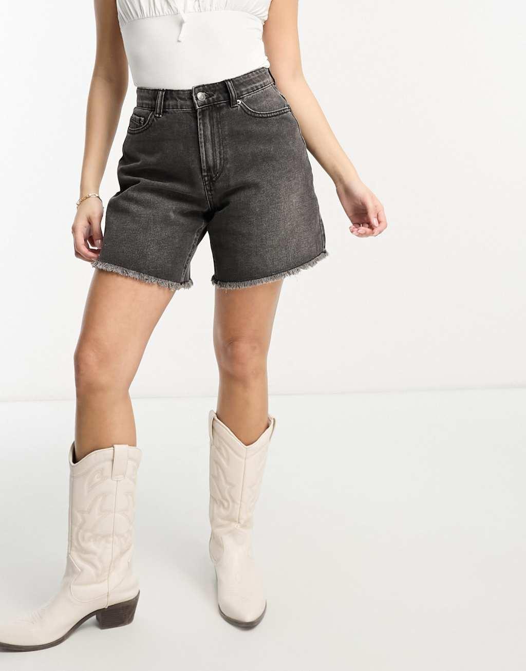 Miss Selfridge Petite longline denim shorts in black wash  Product Image