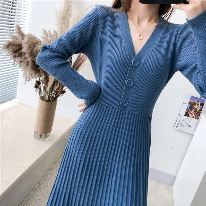 Long-Sleeve V-Neck Plain Ribbed Midi Knit Dress Product Image