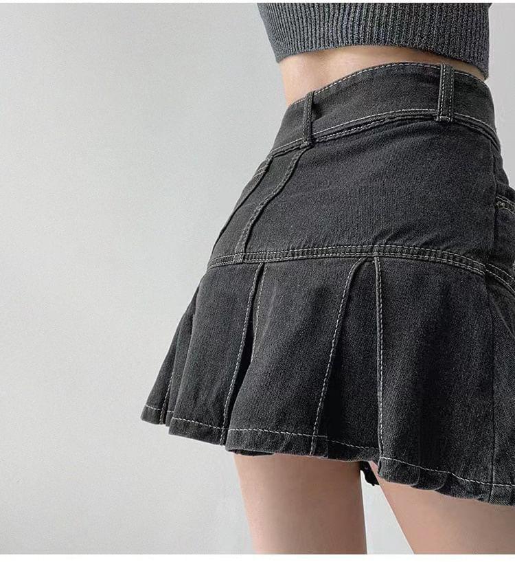 High Rise Belted Denim Mini A-Line  Skirt Product Image